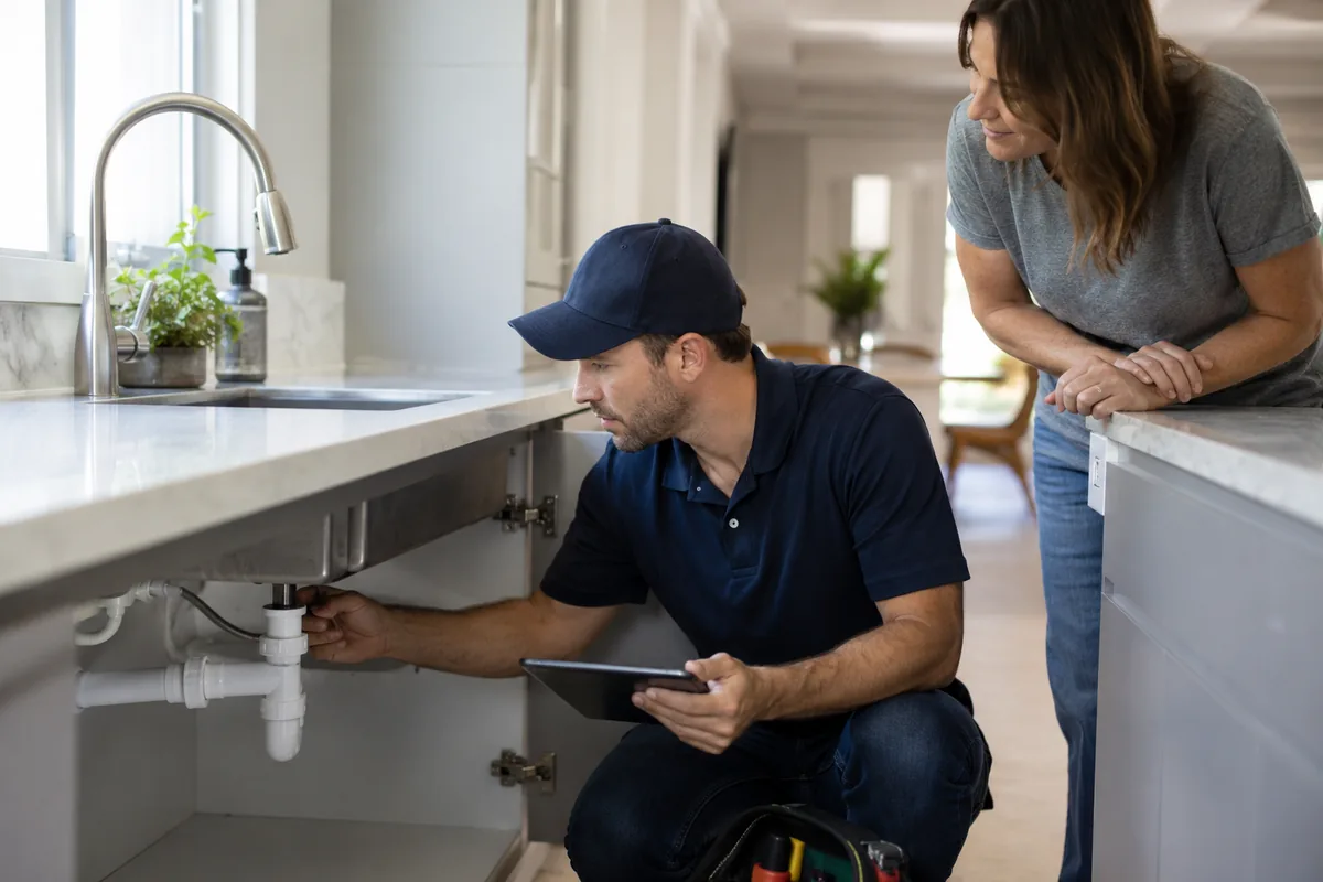 Plumber discussing a kitchen plumbing inspection with a homeowner
