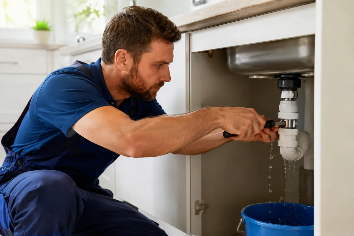 Plumber repairing a leaking kitchen sink pipe