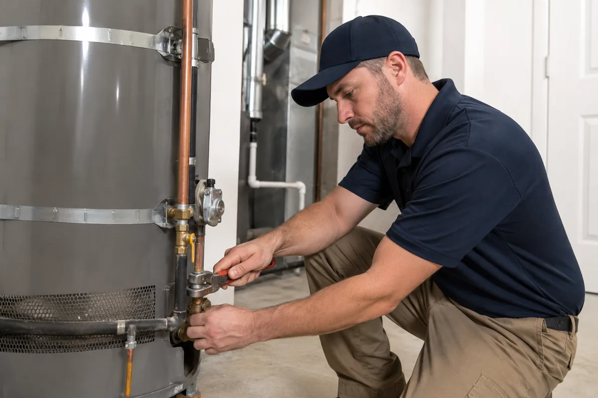 Technician servicing a residential water heater